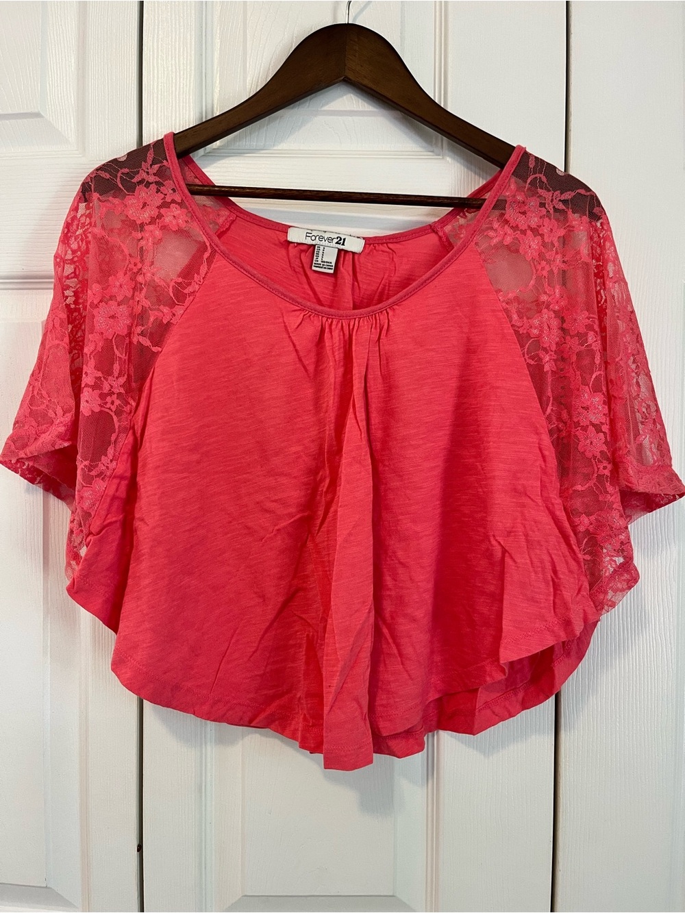 Forever 21 Coral Pink Lace Raglan Sleeve Top